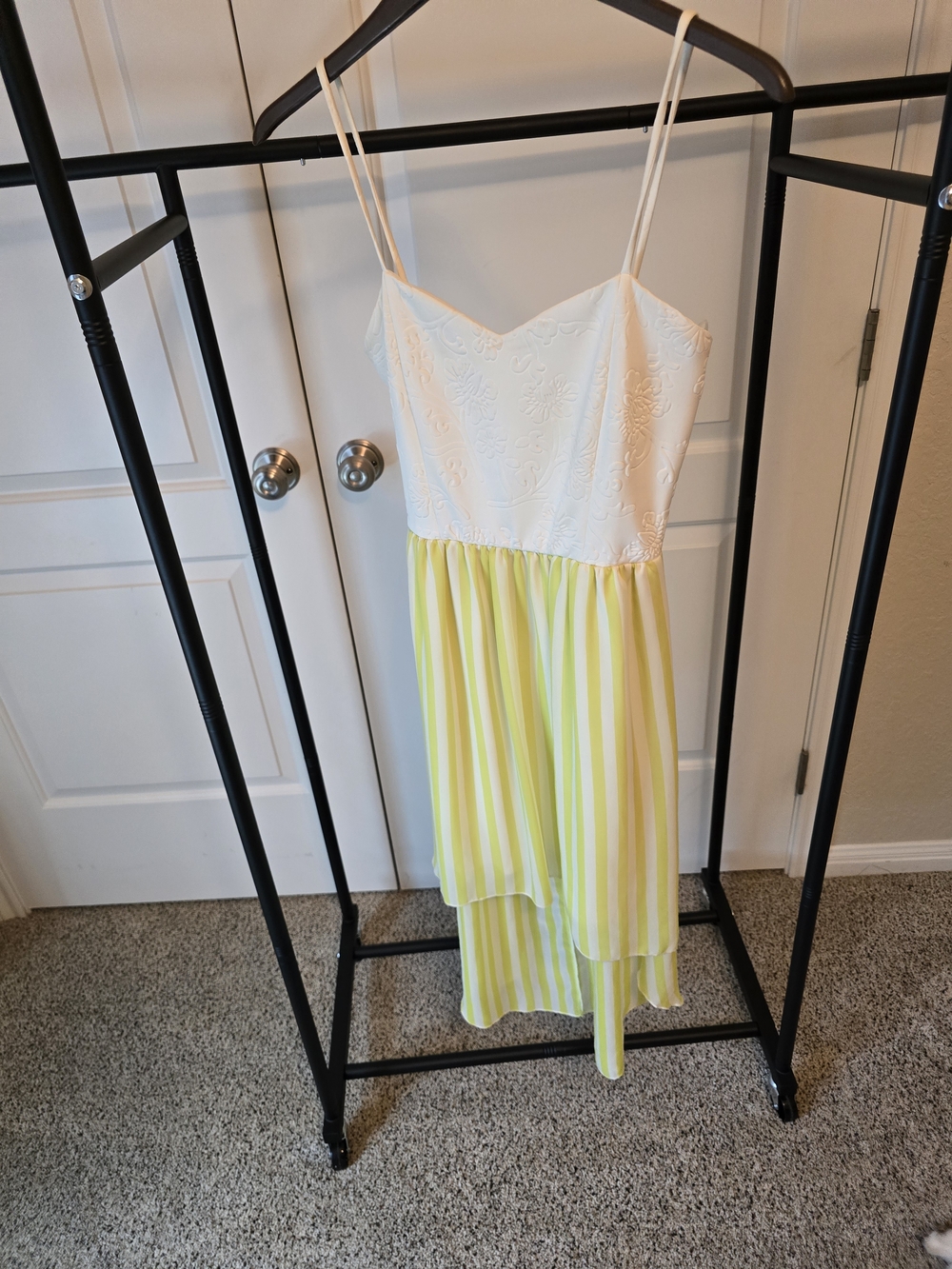 White Embroidered Bodice Yellow Striped High-Low Dress